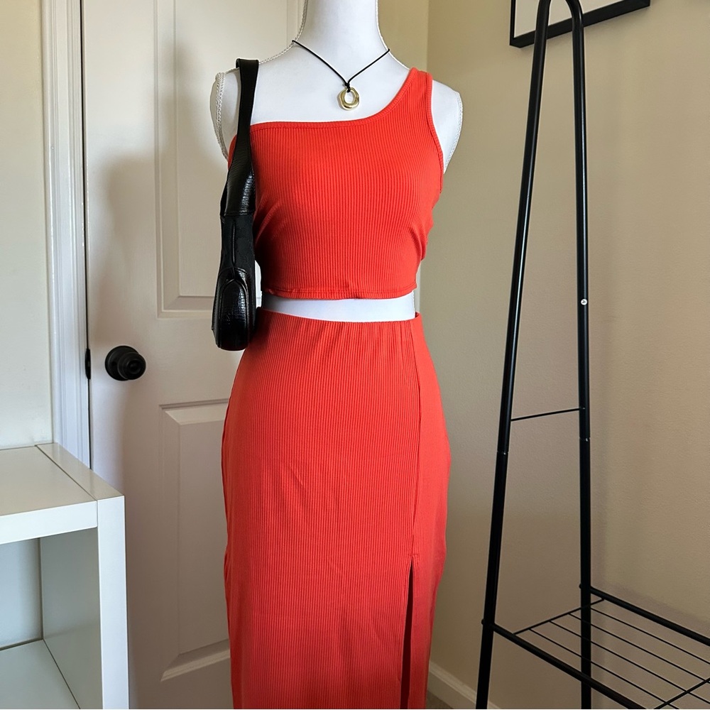 Lulus Orange Ribbed One-Shoulder Two-Piece Midi Dress